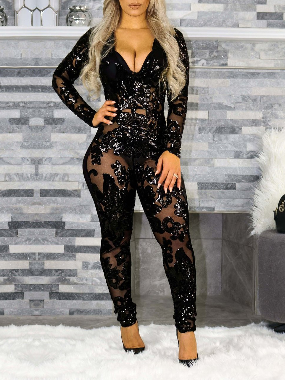 LovelyWholesale SXY Plus Size Sequined See Through Skinny Jumpsuit Fall Long Sleeve Sxy See Through Round Neck  3X Spring Summer 2024