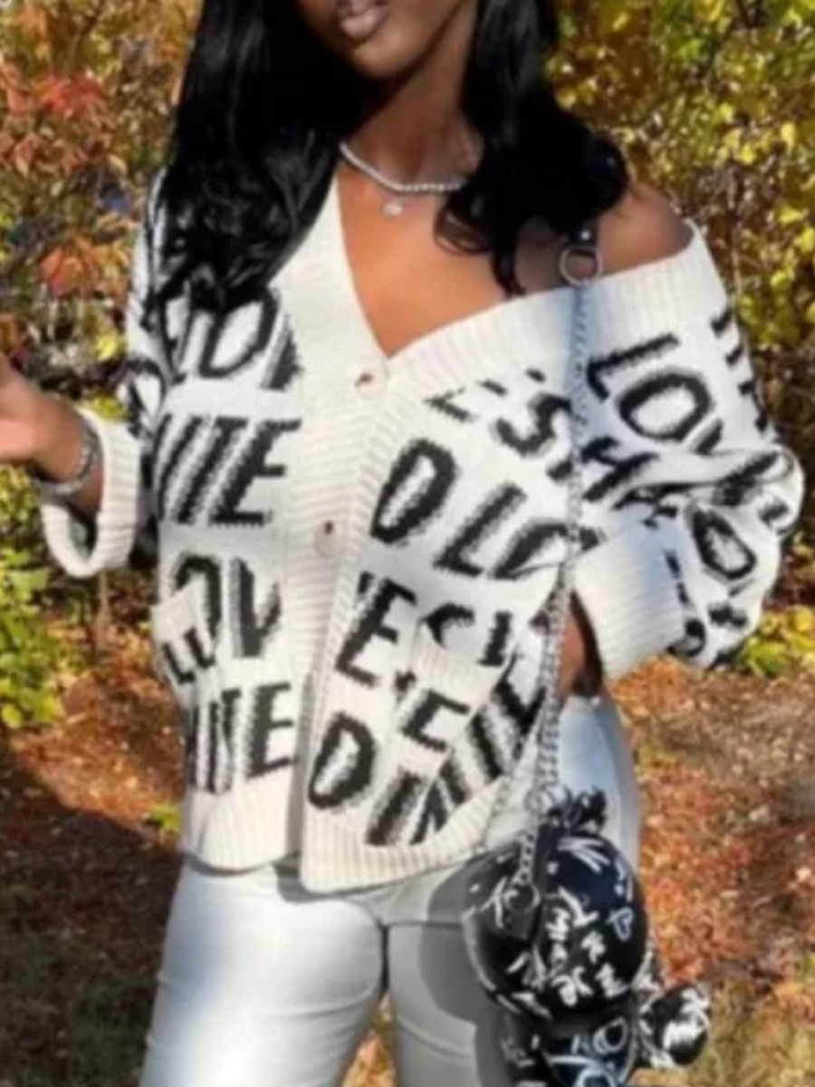 LovelyWholesale V Neck Letter Print Loose Cardigan Fall Long Sleeve Casual V Neck Spring Summer 2024