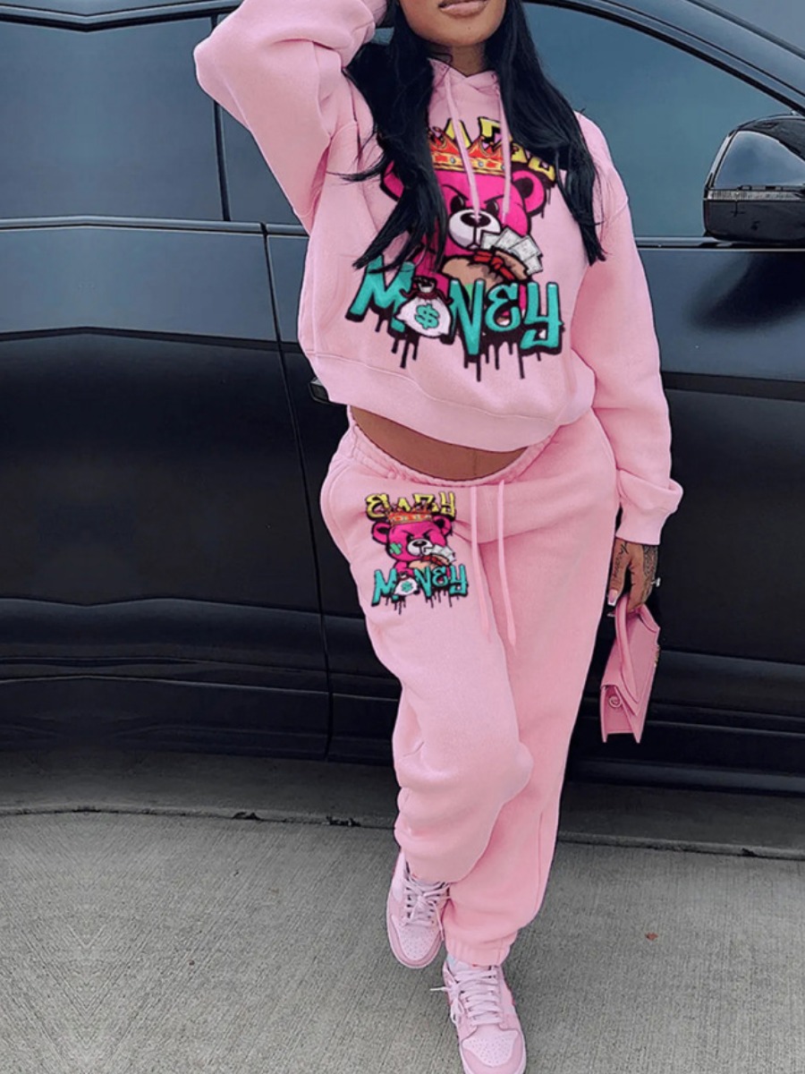 LovelyWholesale Cartoon Letter Print Drawstring Pants Set Fall Long Sleeve Street Graffiti Element Hooded Collar Spring Summer 2024