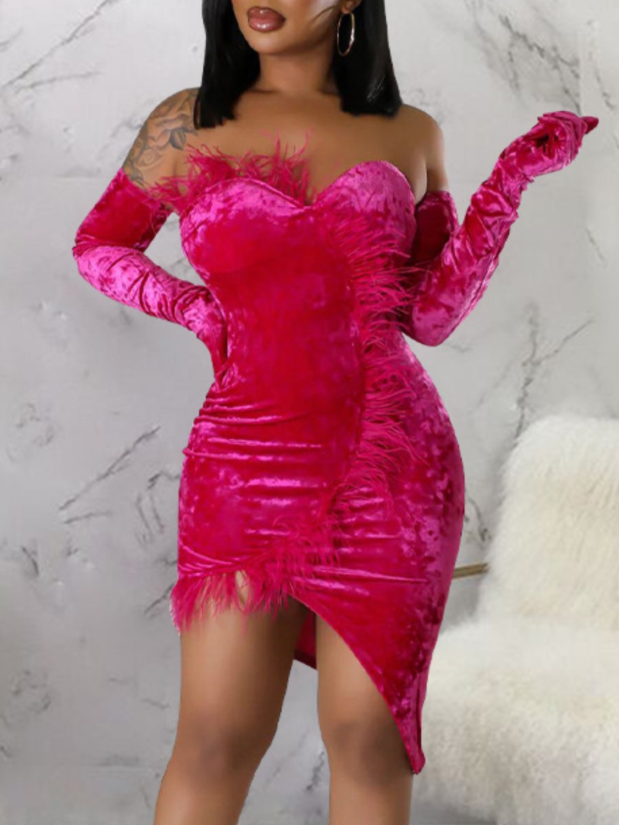 LovelyWholesale SXY Velvet Off The Shoulder Tassel Design Bodycon Dress Summer Sleeveless Sxy Strapless Spring Summer 2024