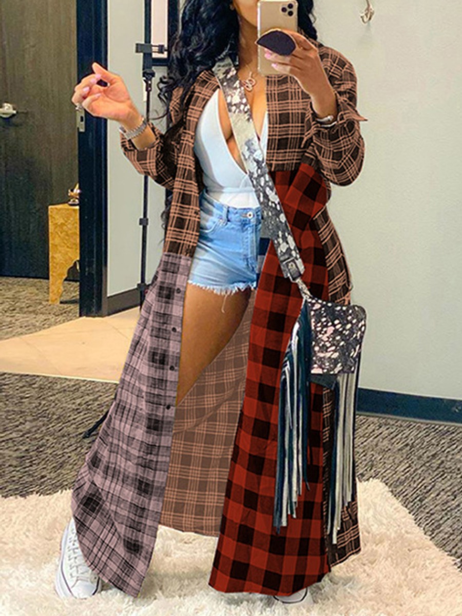 LW Plus Size Plaid Print Regular Trench Coat