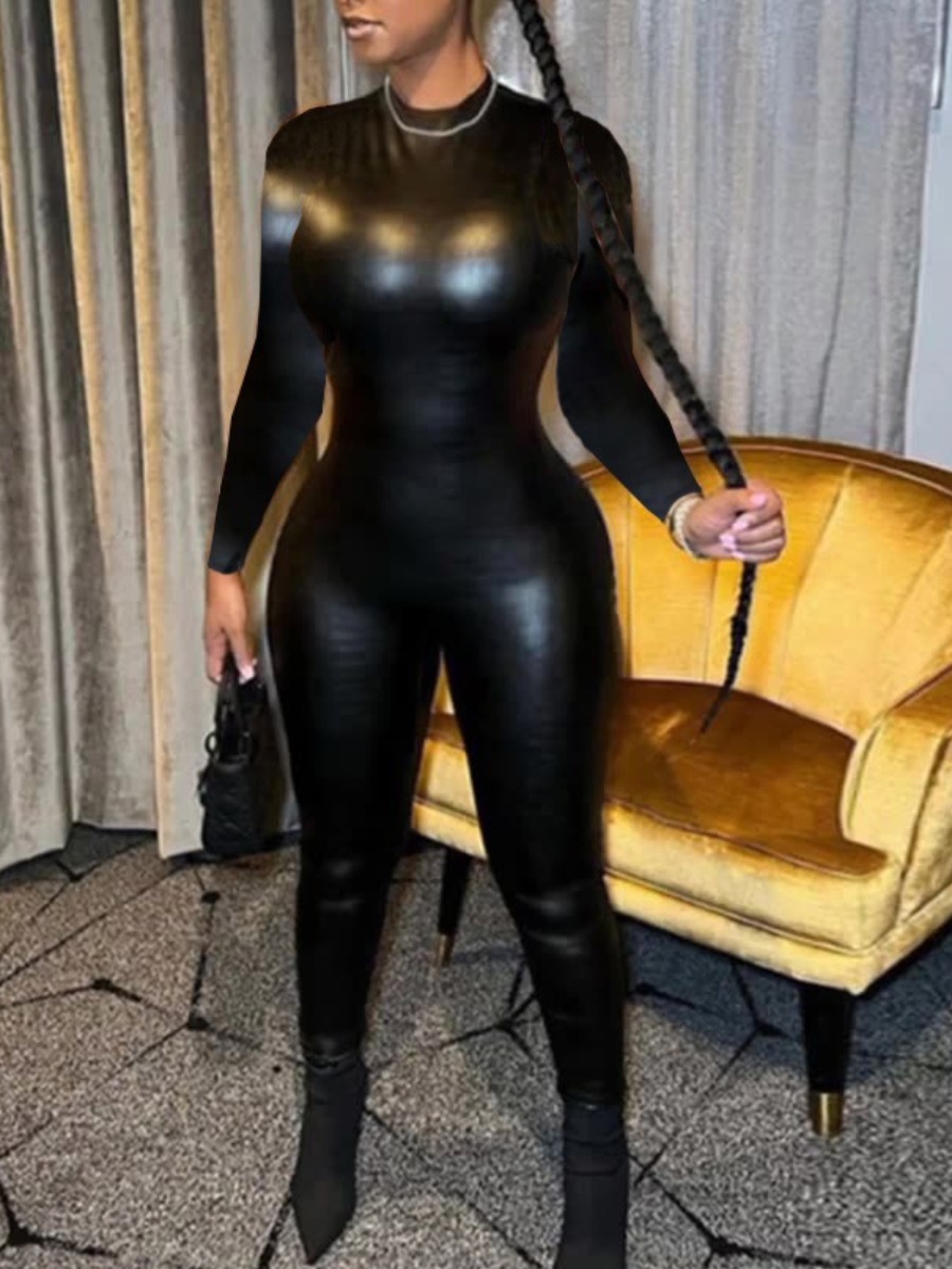 LW Faux Leather Zipper Design Skinny Jumpsuit
