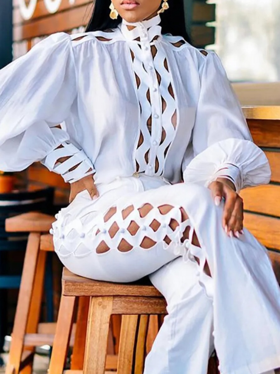 LovelyWholesale Plus Size Puff Sleeve Cut Out Pants Set Fall Long Sleeve Elegant See Through Mock Neck  5X Spring Summer 2024