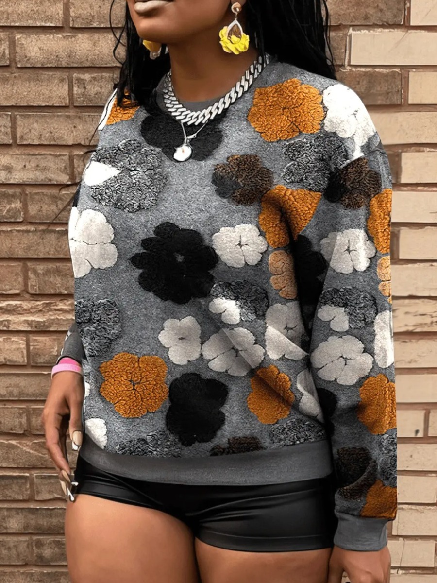 LW Plus Size Round Neck Floral Decor Sweatshirt 2X