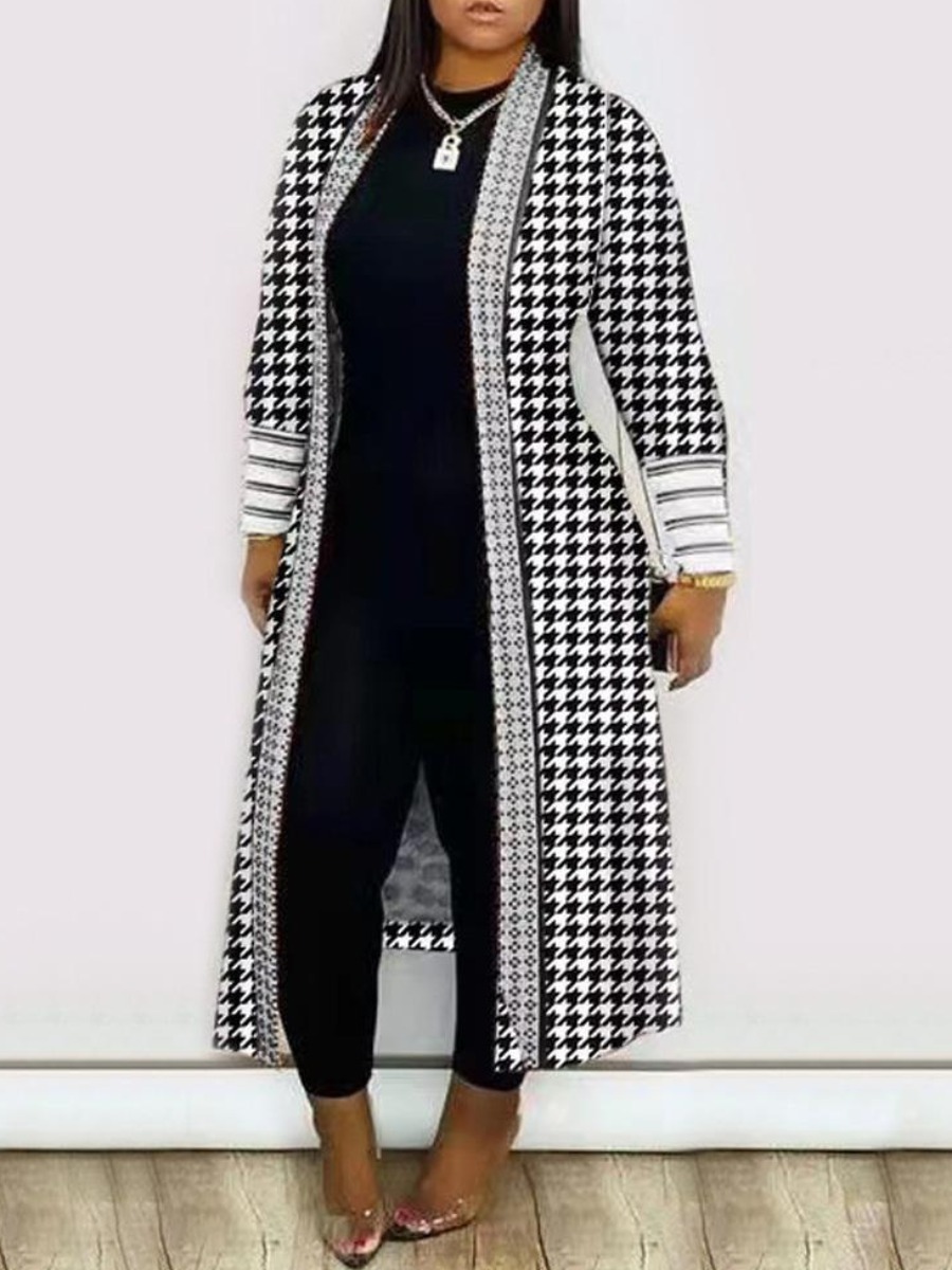 LovelyWholesale Plus Size Houndstooth Loose Coat Fall Nine Points Sleeve Casual Pattern Conventional Collar  3X Spring Summer 2024