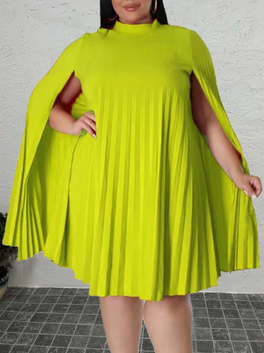 LovelyWholesale Plus Size Split Sleeve Pleated Loose Dress Fall Long Sleeve Elegant Ruched Round Neck  5X Spring Summer 2024