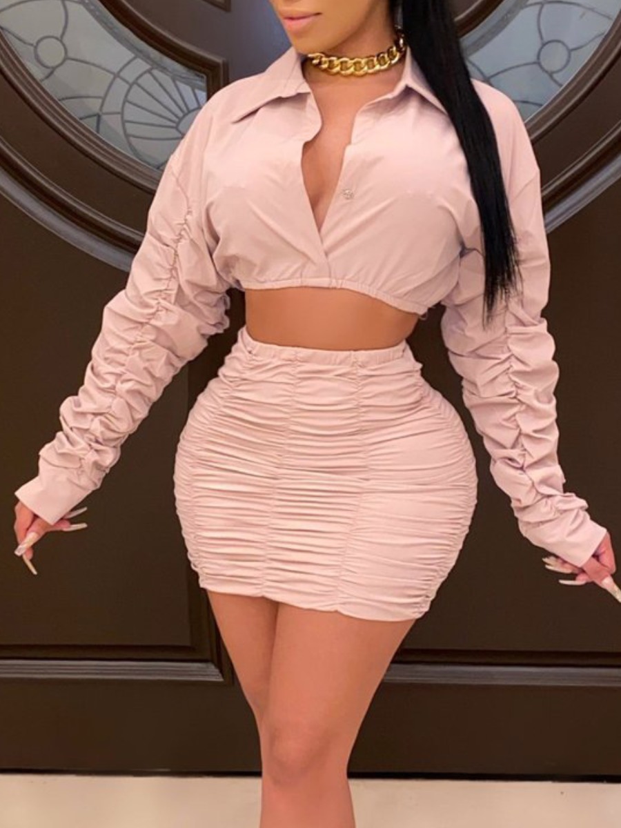 LovelyWholesale SXY Crop Top Ruched Skirt Set Spring Long Sleeve Sxy Turndown Collar Spring Summer 2024