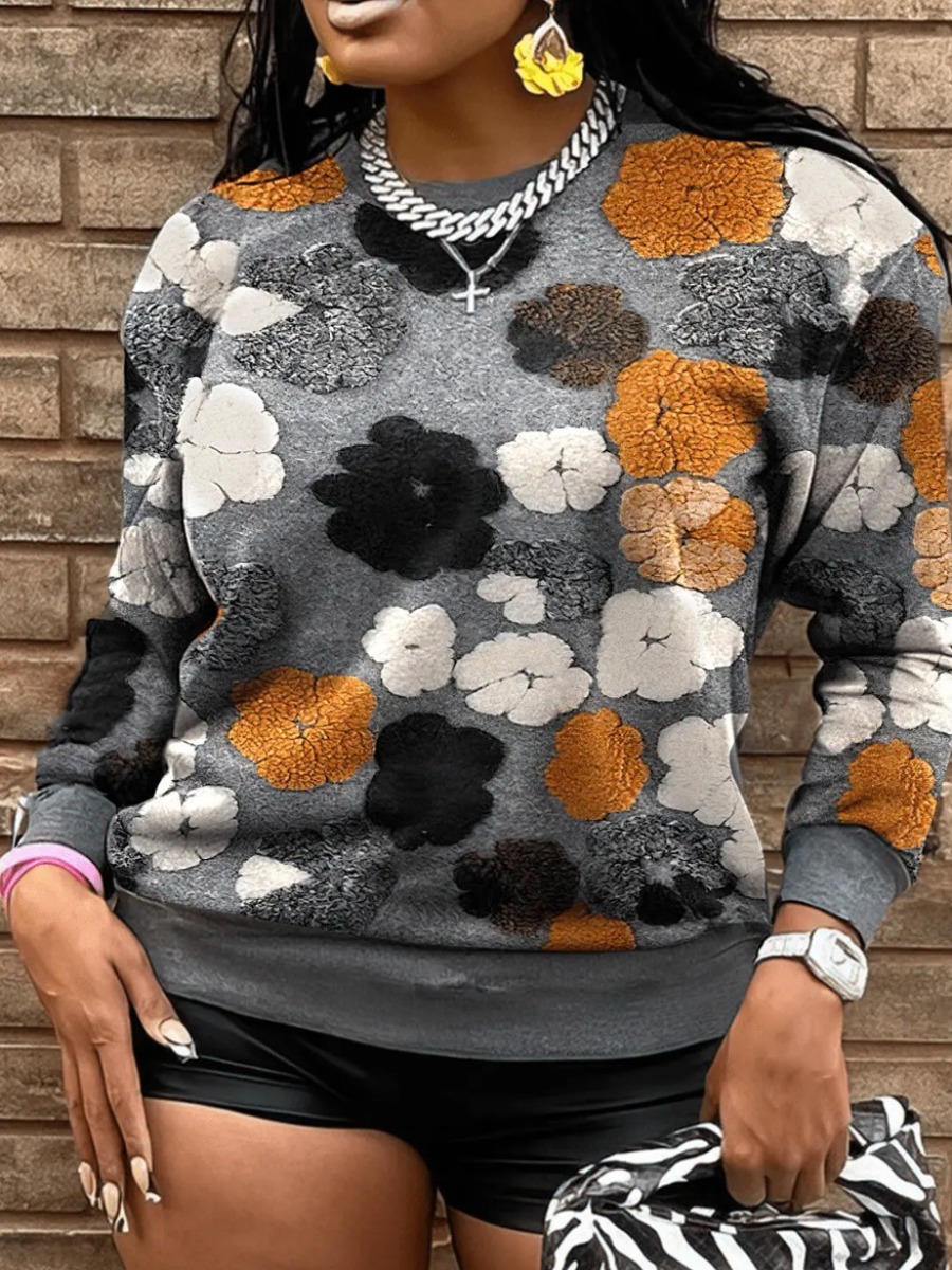 LW Plus Size Round Neck Floral Decor Sweatshirt 2X