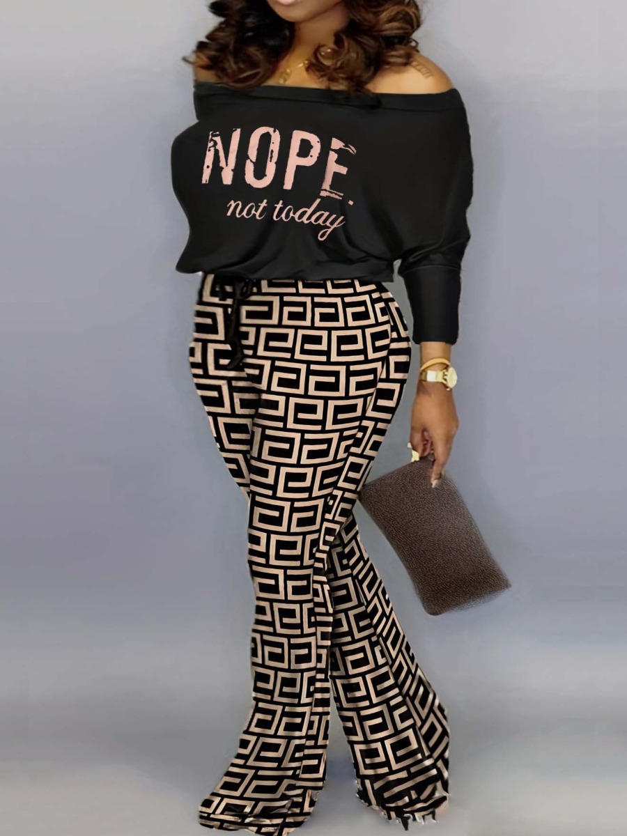 LW Plus Size Off The Shoulder Geometric Letter Print Flared Pants Set