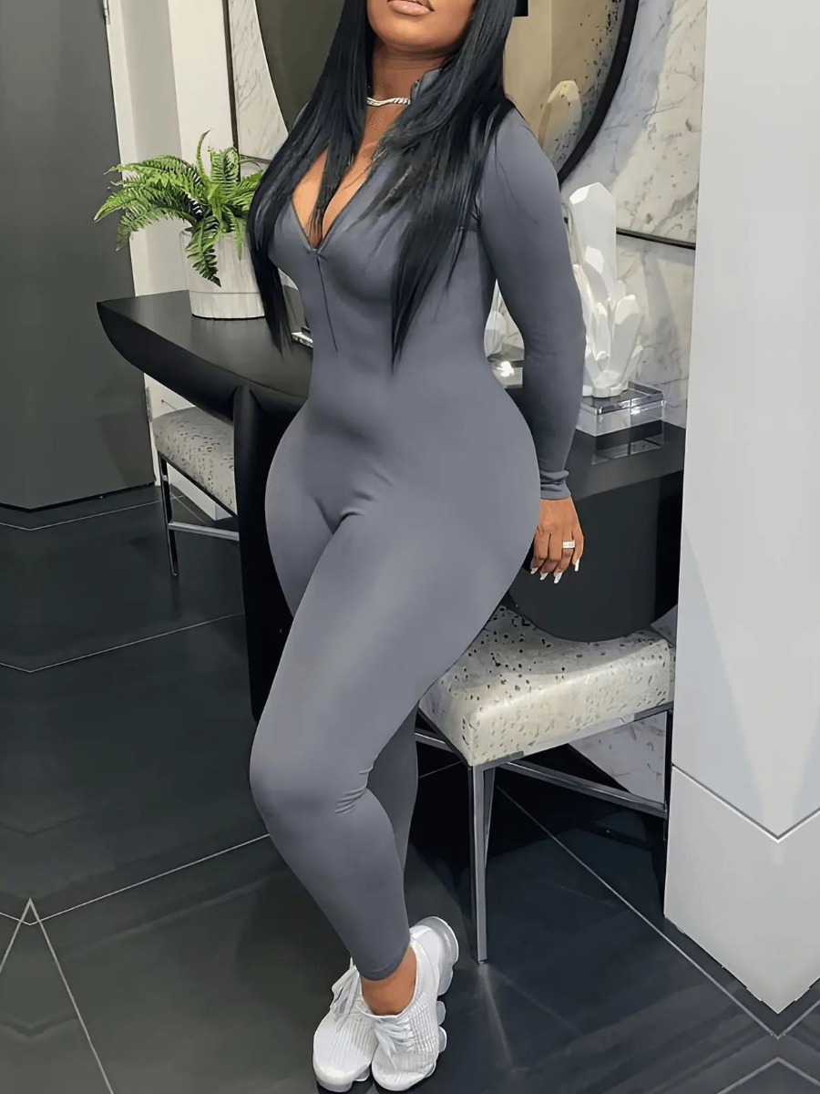 LovelyWholesale Zipper Design Skinny Jumpsuit Fall Long Sleeve Casual Zipper Design V Neck Spring Summer 2024