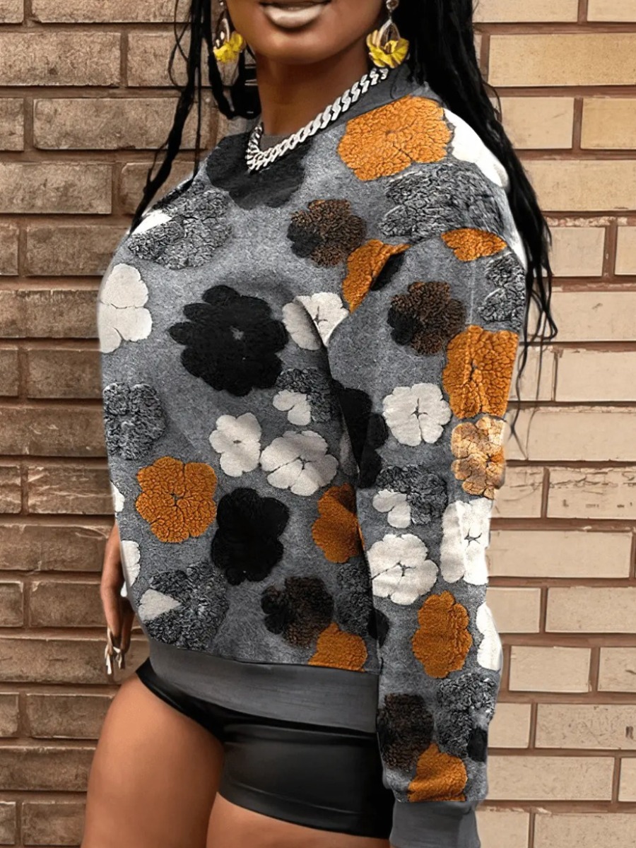 LW Plus Size Round Neck Floral Decor Sweatshirt 2X