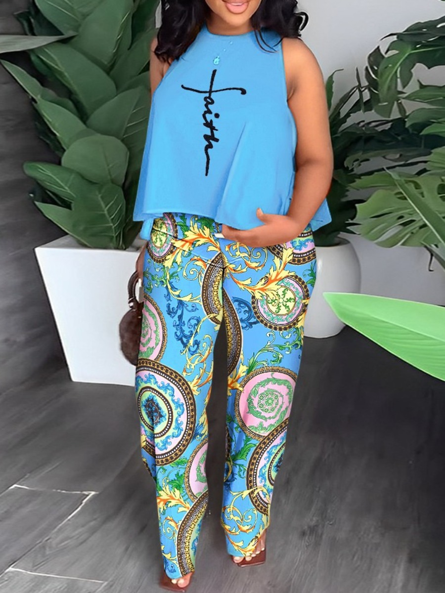 LovelyWholesale Plus Size Faith Letter Tribal Print Pants Set Spring Sleeveless Casual Pattern Round Neck  4X Spring Summer 2024