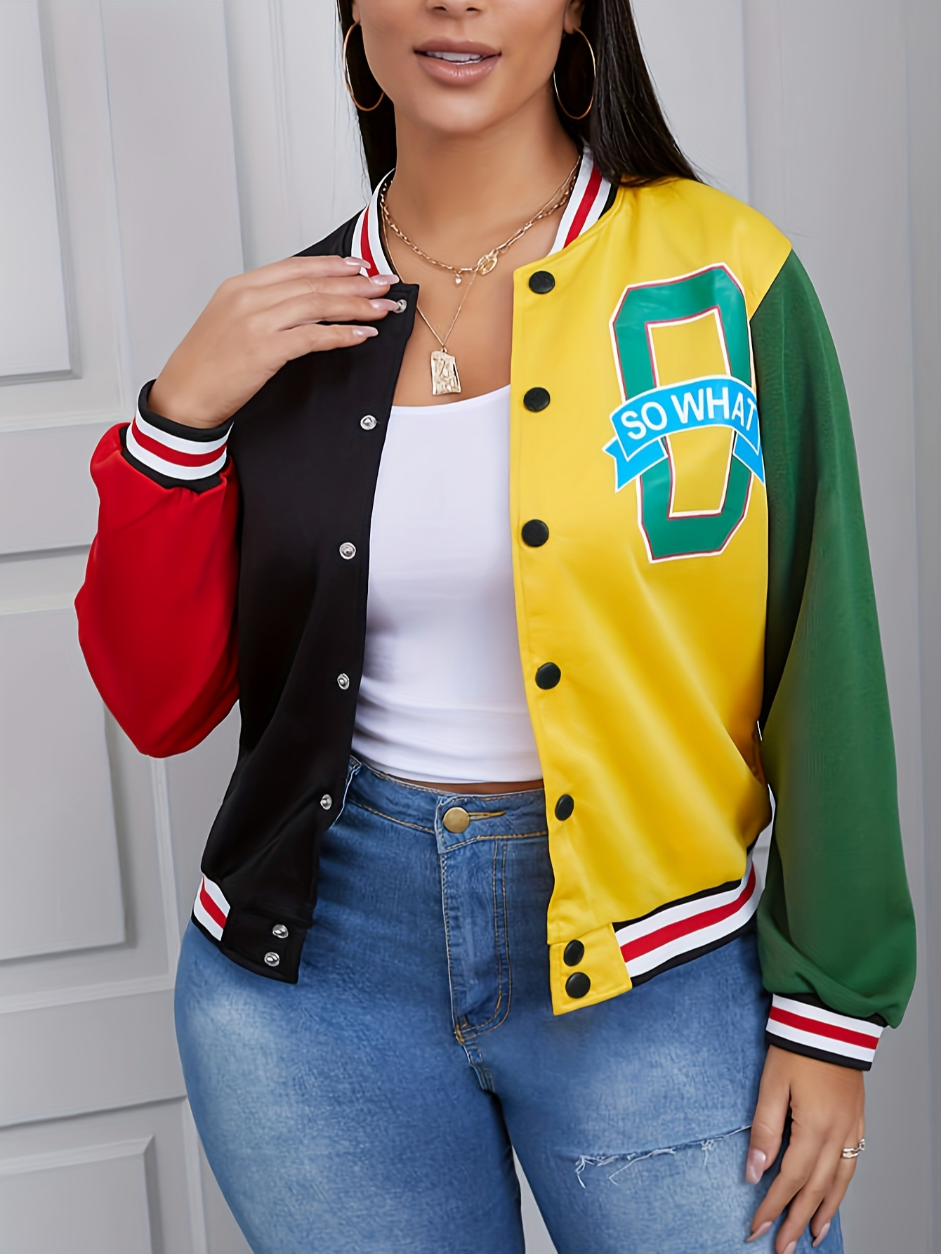 LovelyWholesale Letter Decor Striped Patchwork Coat Fall Nine Points Sleeve Street Cardigan Conventional Collar Spring Summer 2024