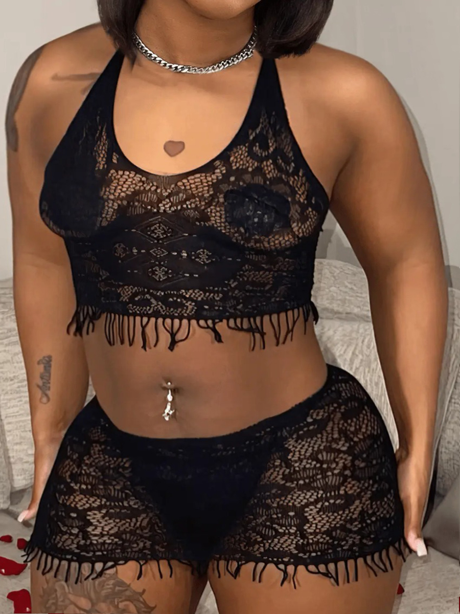 LovelyWholesale SXY Plus Size See Through Lace Tassel Design Skirt Set Summer Sleeveless Sxy Cut Out Halter  OneSize Spring Summer 2024
