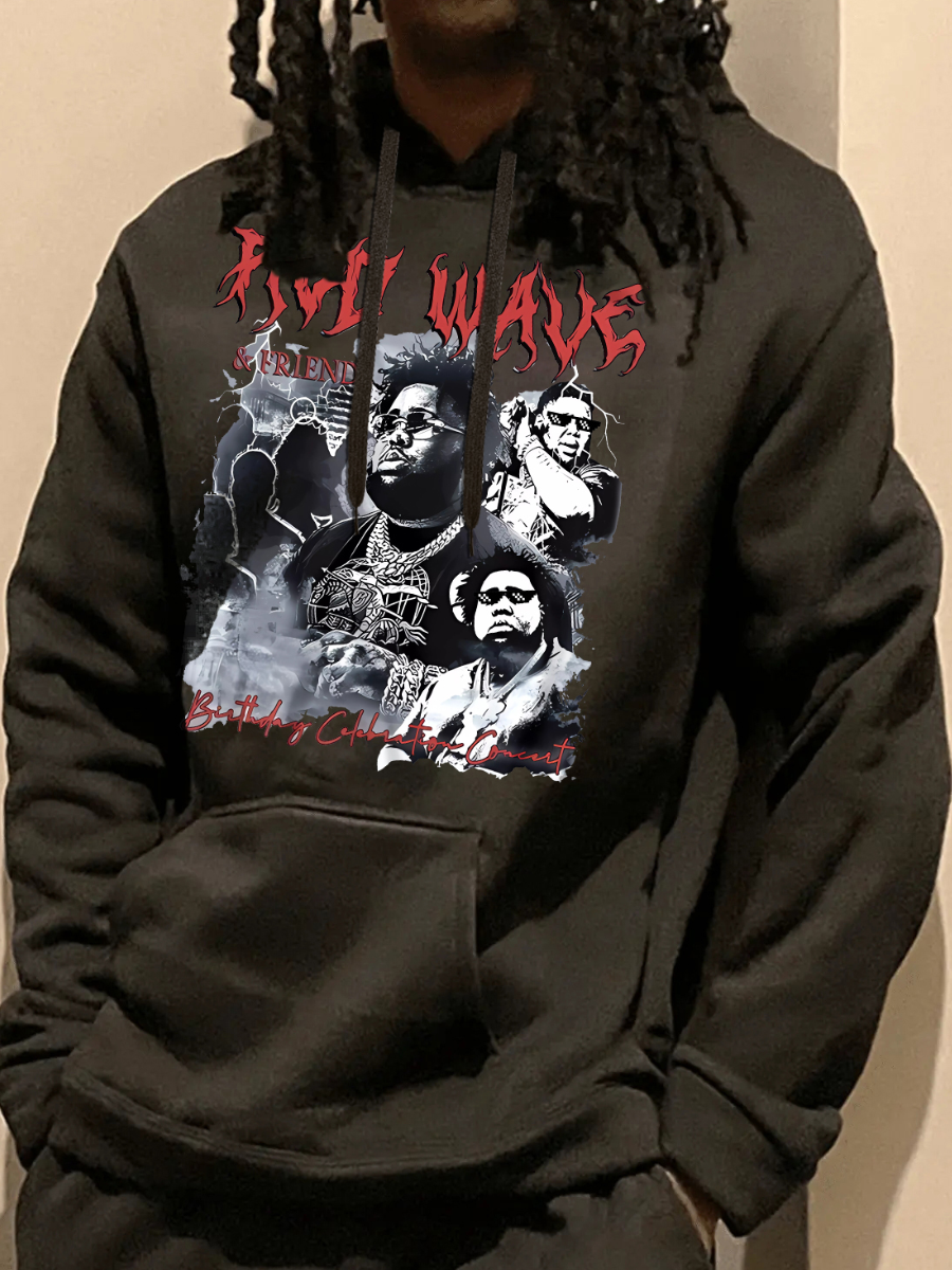 LovelyWholesale Men Figure Letter Print Kangaroo Pocket Hoodie Fall Long Sleeve Casual Kangaroo Pocket Hooded Collar Spring Summer 2024