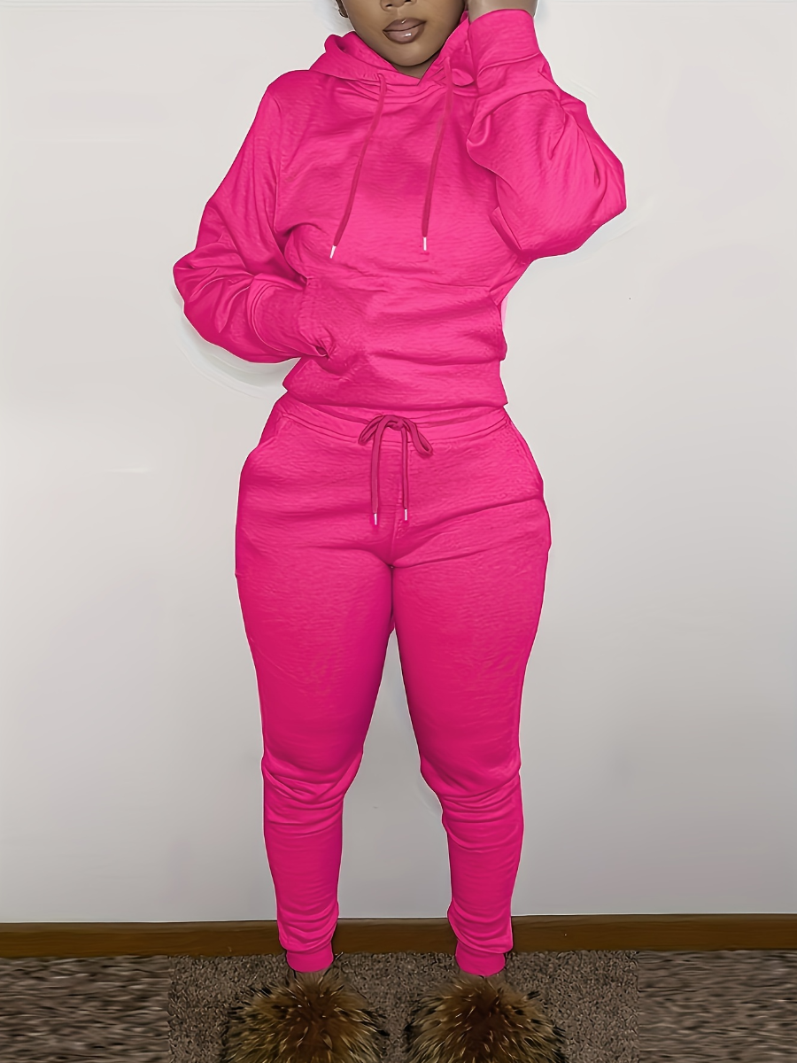 LovelyWholesale BASICS Lace Up Solid Color Regular Two-piece Pants Set Fall Long Sleeve Casual Lace Up Hooded Collar Spring Summer 2024