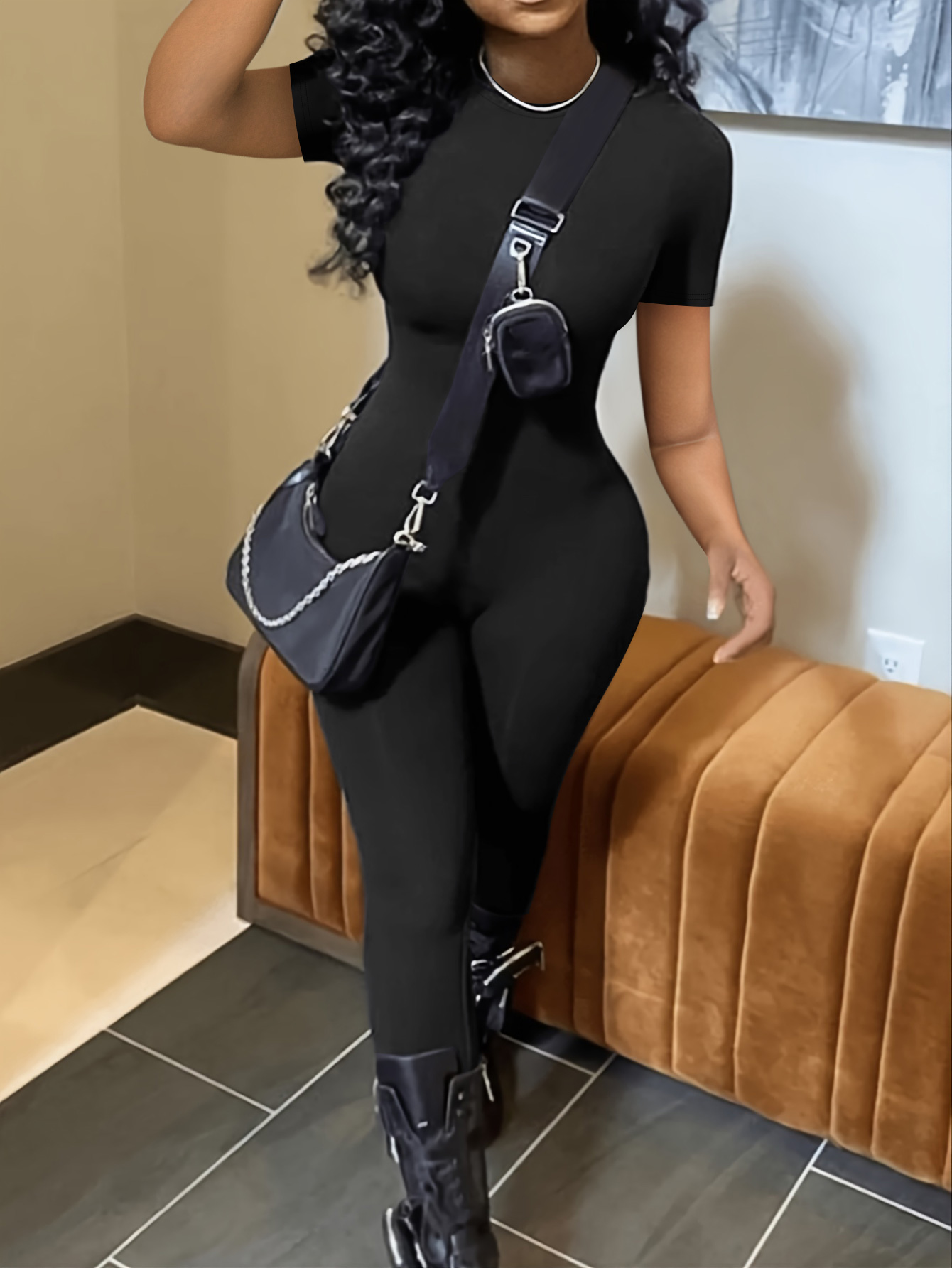 LovelyWholesale BASICS Round Neck Skinny Plain Jumpsuit Spring|Summer Short Sleeve Casual Round Neck Spring Summer 2024