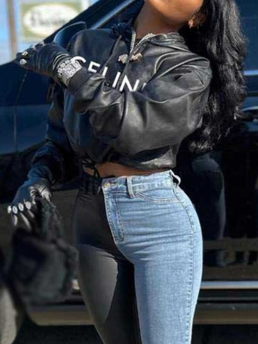 LW Plus Size Faux Leather Letter Print Hoodie