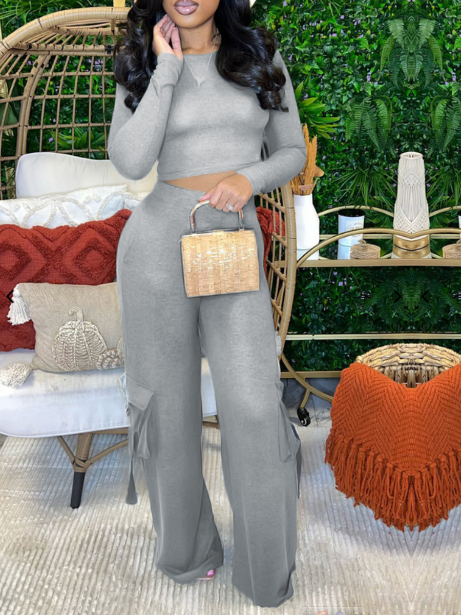 LovelyWholesale Crop Top Side Pocket Wide Leg Pants Set Fall Long Sleeve Casual Pocket Design Round Neck Spring Summer 2024
