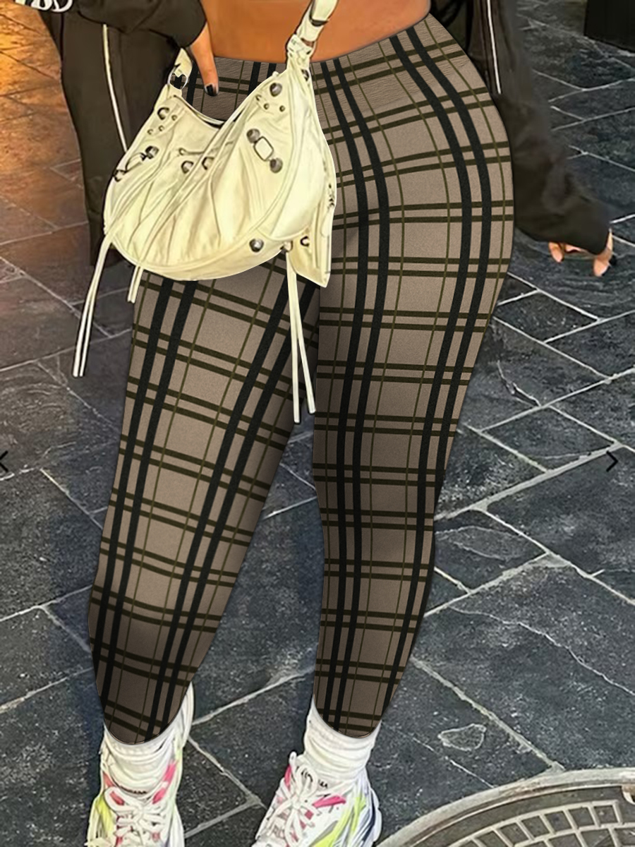 LovelyWholesale Plus Size Plaid Print High Waist Pants Spring|Fall Street None  3X Spring Summer 2024