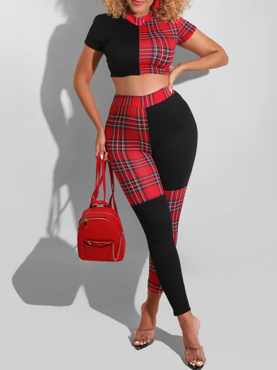 LovelyWholesale Crop Top Plaid Print Pants Set Spring Short Sleeve Casual Patchwork Round Neck Spring Summer 2024