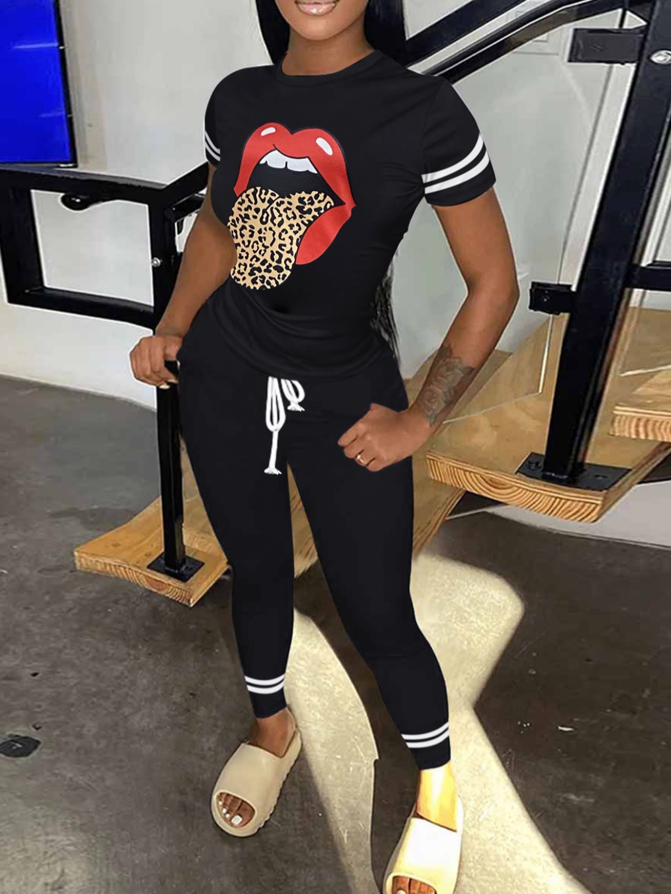 LW Leopard Lip Print Striped Drawstring Pants Set