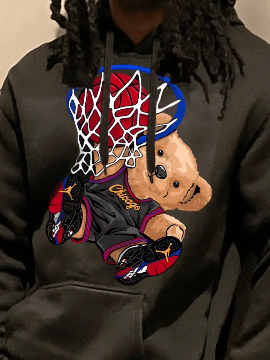 LovelyWholesale Men Cartoon Basketball Print Kangaroo Pocket Hoodie Fall Long Sleeve Casual Drawstring Hooded Collar Spring Summer 2024