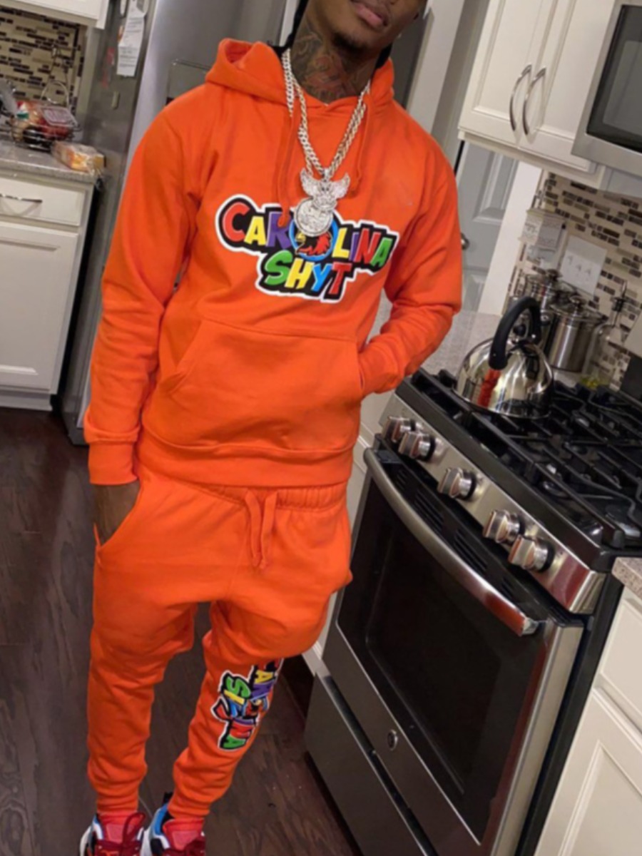 LW Men Letter Decor Patchwork Kangaroo Pocket Tracksuit Set