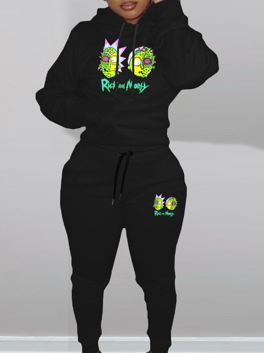 LW Cartoon Letter Print Kangaroo Pocket Tracksuit Set