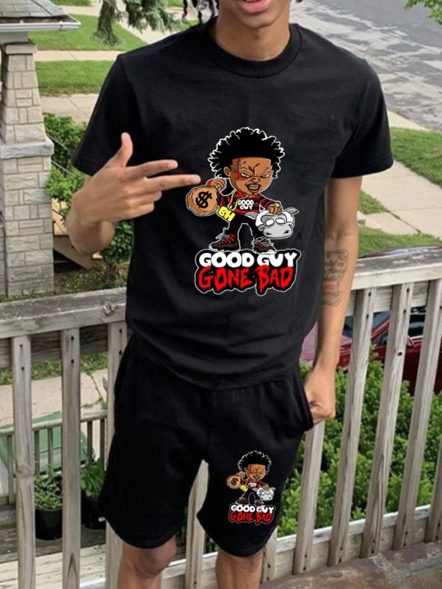 LW Men Cartoon Letter Print Shorts Set