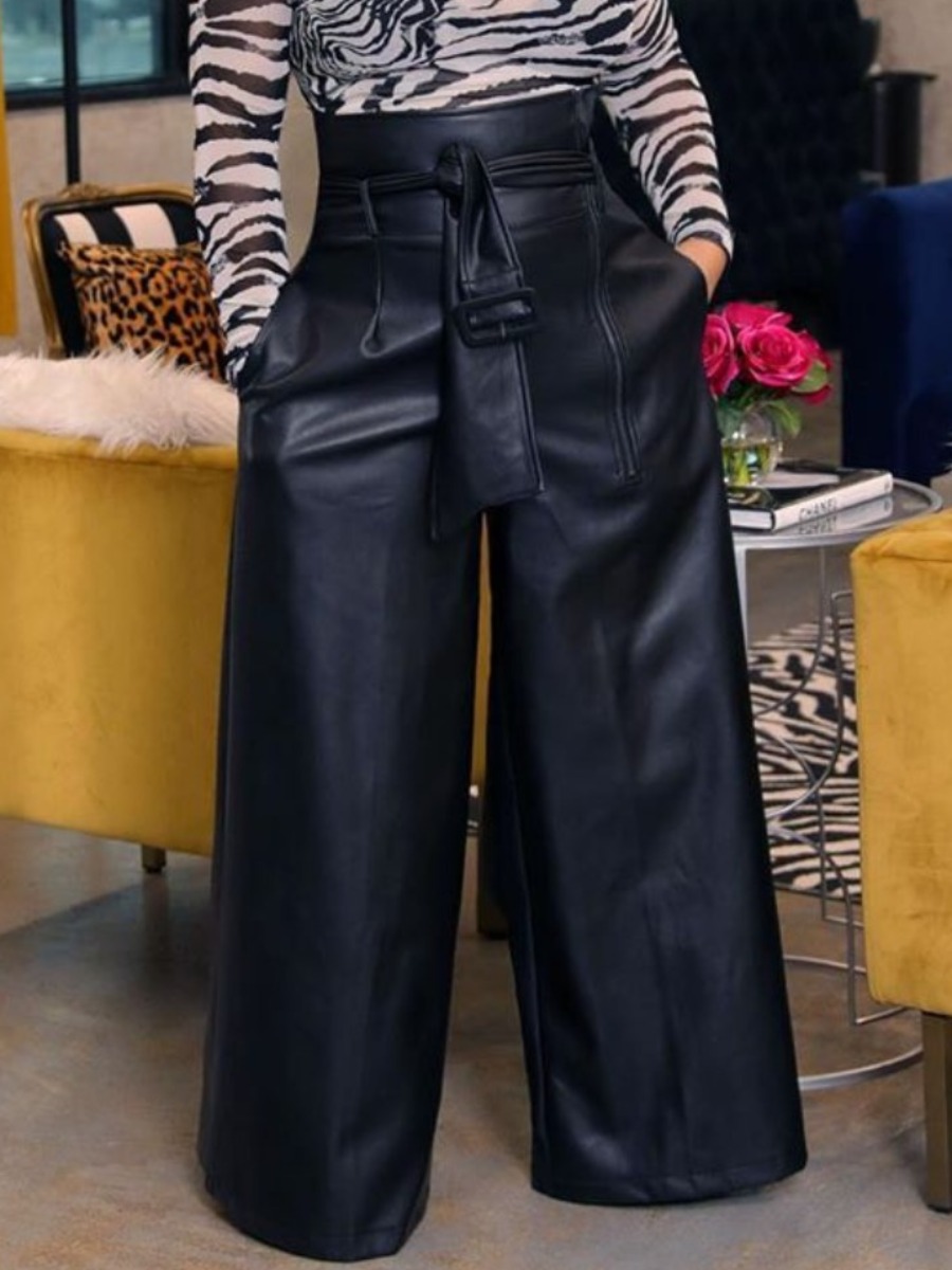 LovelyWholesale Plus Size Faux Leather High Waist Wide Leg Pants Spring|Fall Nine Points Sleeve Street Solid Color  3X Spring Summer 2024