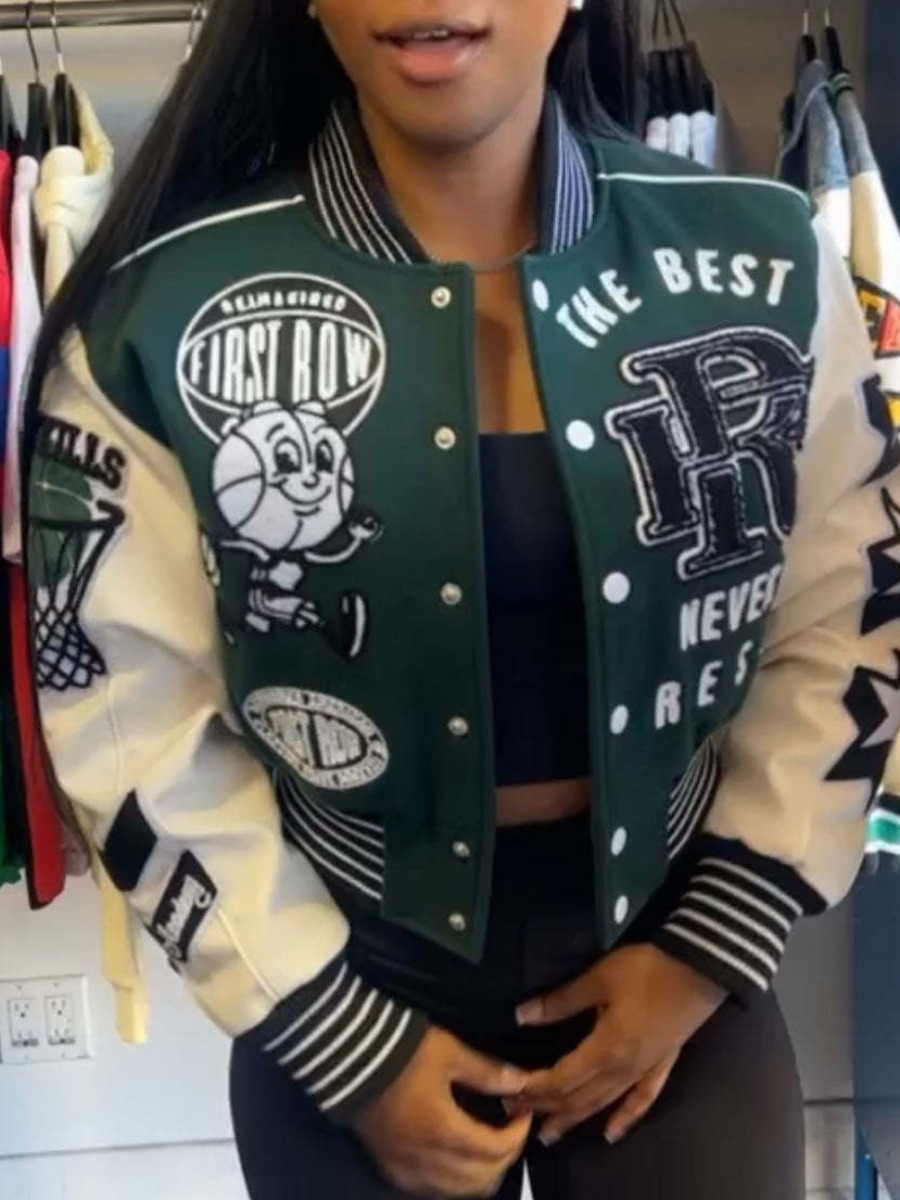 LovelyWholesale Plus Size Star Letter Decor Jacket Fall Nine Points Sleeve Street None Baseball Collar  3X Spring Summer 2024