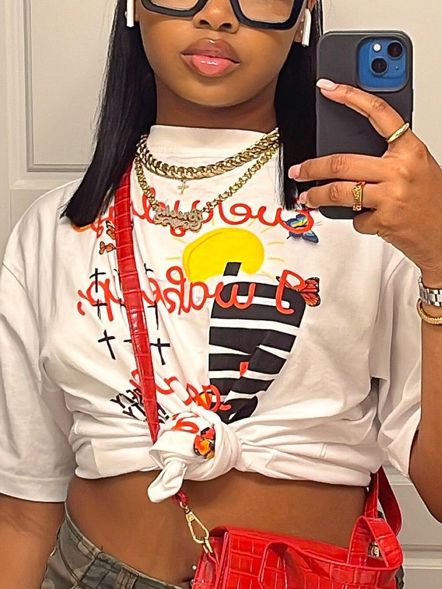 LovelyWholesale Cartoon Letter Print T-shirt Summer Short Sleeve Street Graffiti Element Round Neck Spring Summer 2024