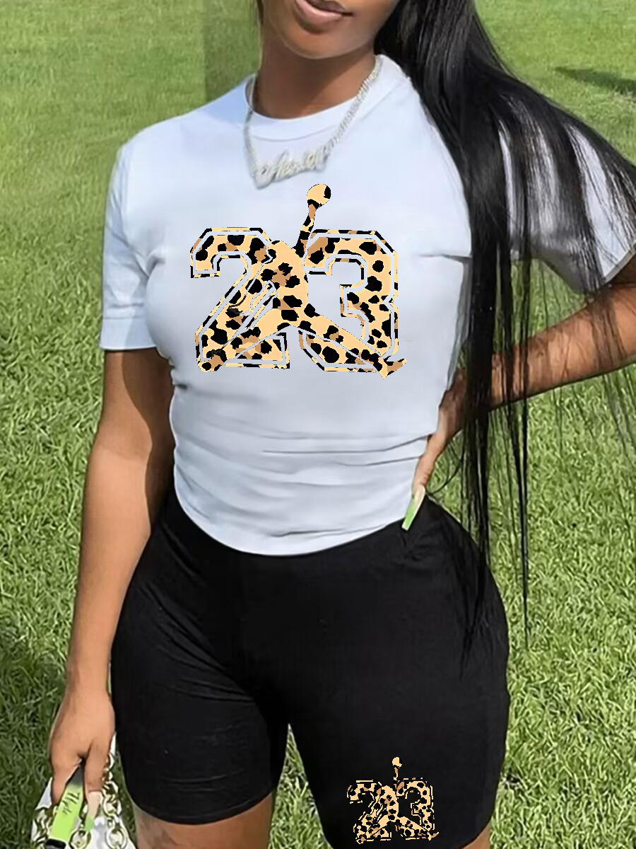 LovelyWholesale Plus Size Number 23 Leopard Print Shorts Set Summer Short Sleeve Street Pattern Round Neck  5X Spring Summer 2024