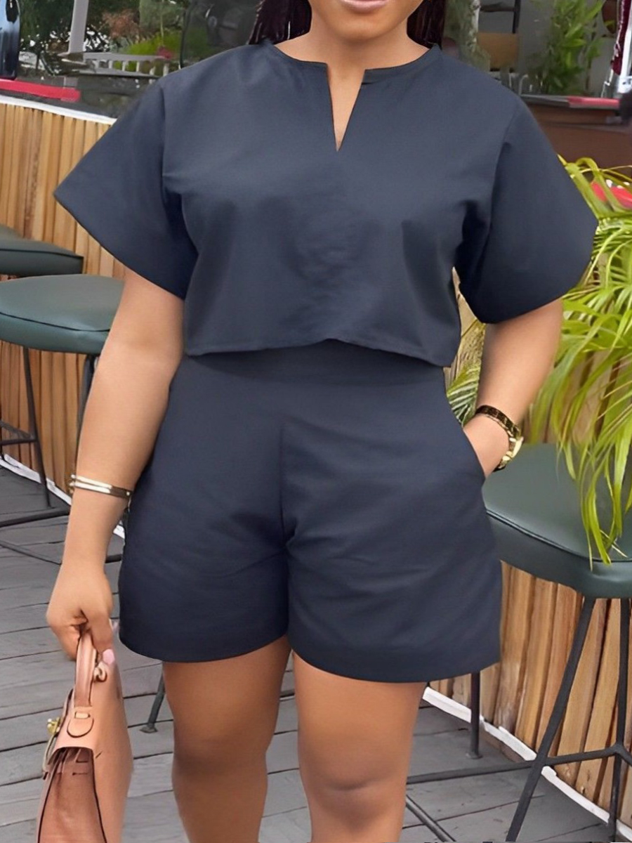 LovelyWholesale Plus Size V Neck Crop Top Shorts Set Summer Short Sleeve Casual Solid Color V Neck  3X Spring Summer 2024
