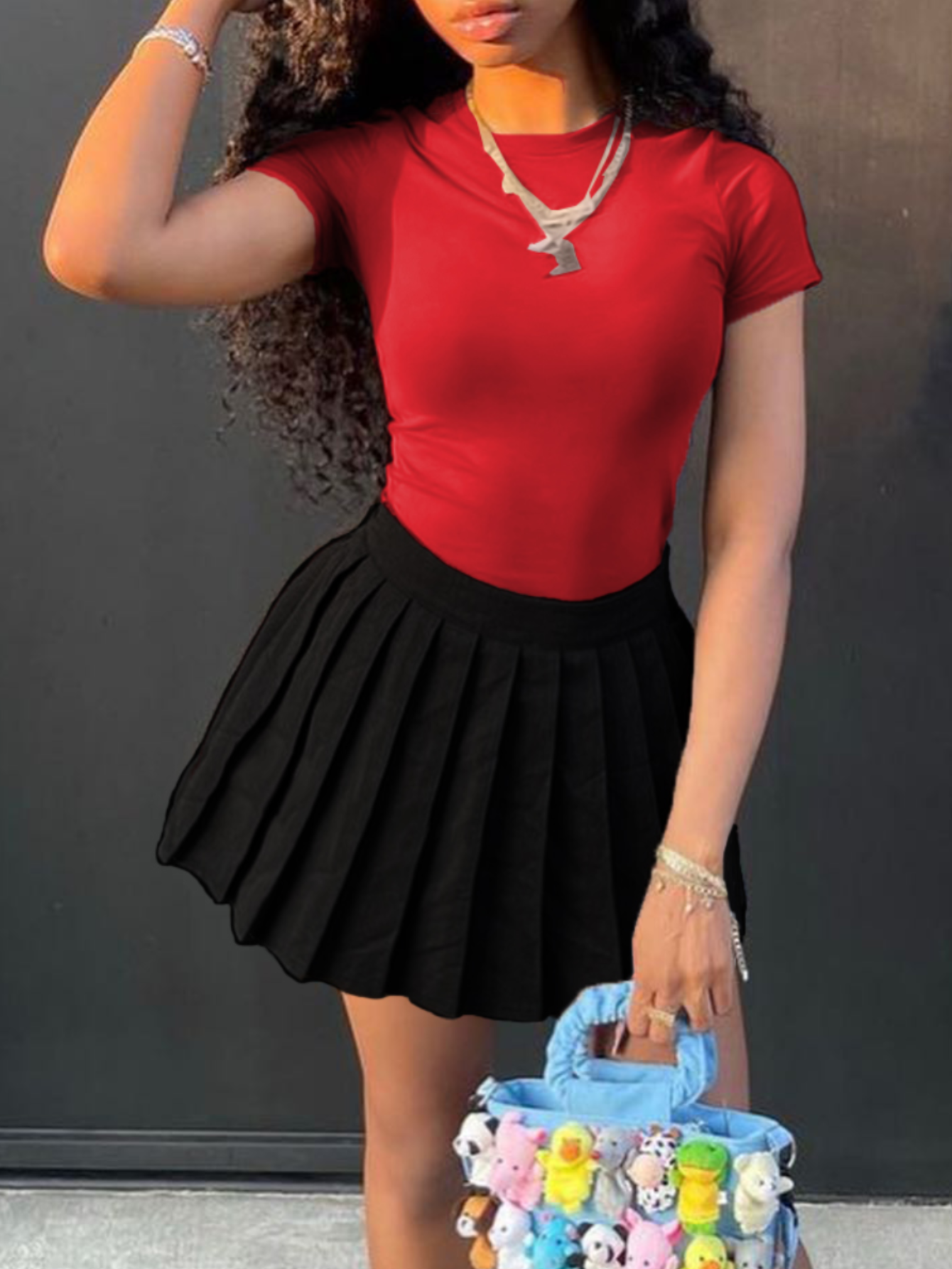 LovelyWholesale Round Neck Pleated Skirt Set Summer Short Sleeve Casual Basic Round Neck Spring Summer 2024