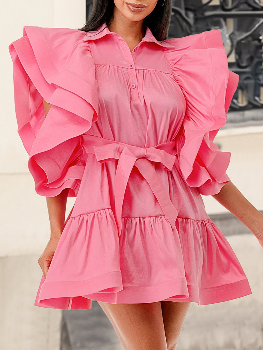 LovelyWholesale Plus Size Ruffle Bandage Design Dress Summer Short Sleeve Elegant Ruffle Turndown Collar  3X Spring Summer 2024