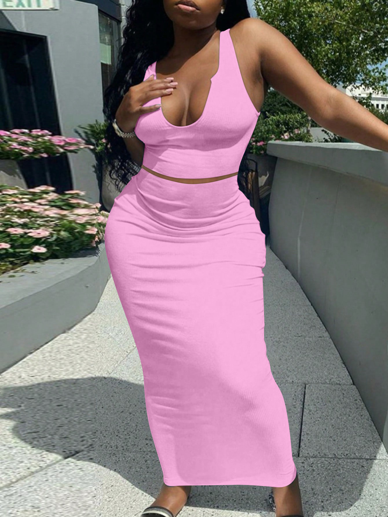 LovelyWholesale BASICS Cami Plain Skinny Skirt Set Summer Sleeveless Casual Vests V Neck Spring Summer 2024