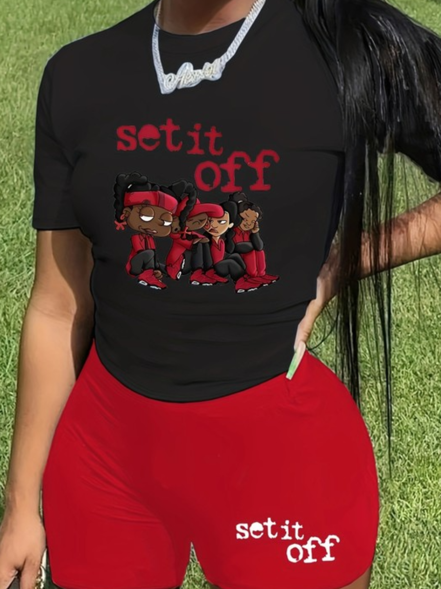 LovelyWholesale Plus Size Cartoon Print Skinny Two-piece Shorts Set Summer Short Sleeve Casual Pattern Round Neck  5X Spring Summer 2024