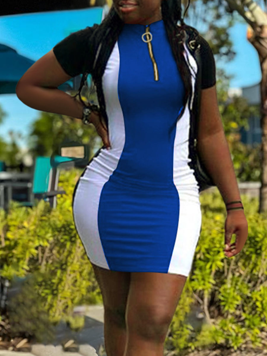 LW Casual Patchwork Blue Mini Dress