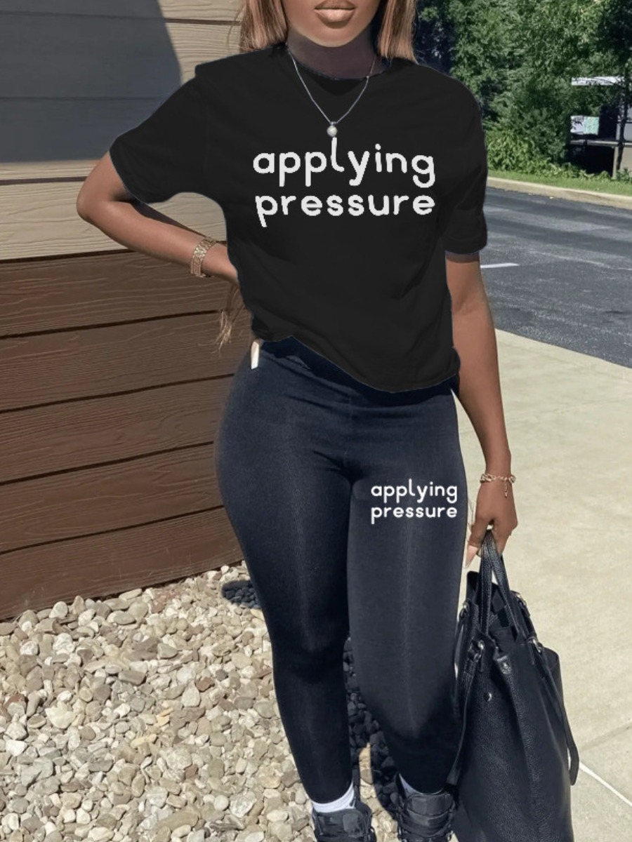 LovelyWholesale Letter Print Skinny Pants Set Spring Short Sleeve Casual None Round Neck Spring Summer 2024