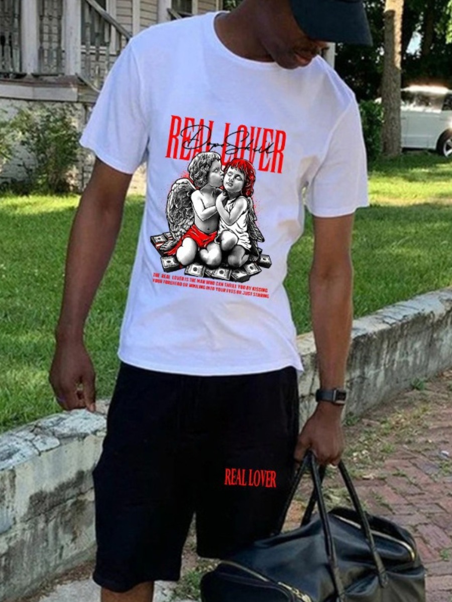 LovelyWholesale Men Figure Letter Print Shorts Set Summer Short Sleeve Casual Pattern Round Neck Spring Summer 2024