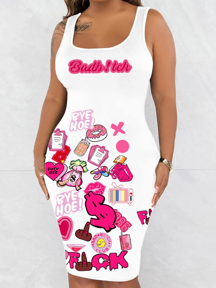 LW Plus Size Cartoon Letter Print Bodycon Cami Dress