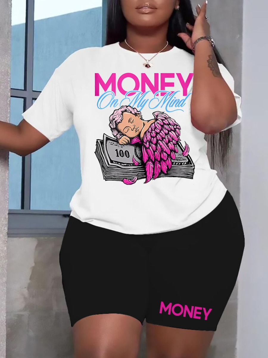 LW Plus Size Money Figure Letter Print Shorts Set