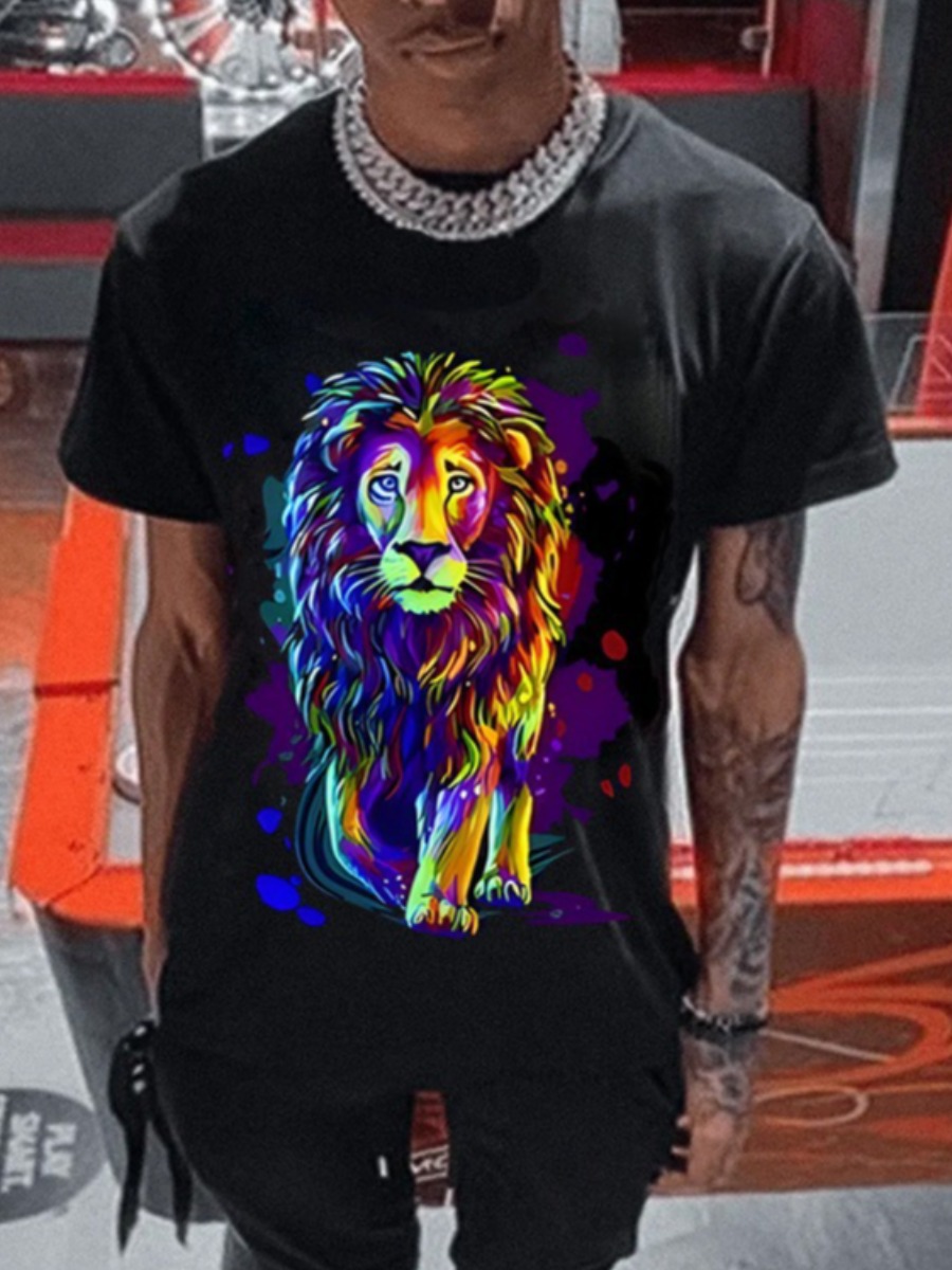 LovelyWholesale Men Lion Mixed Print T-shirt Summer Short Sleeve Street Pattern Round Neck Spring Summer 2024