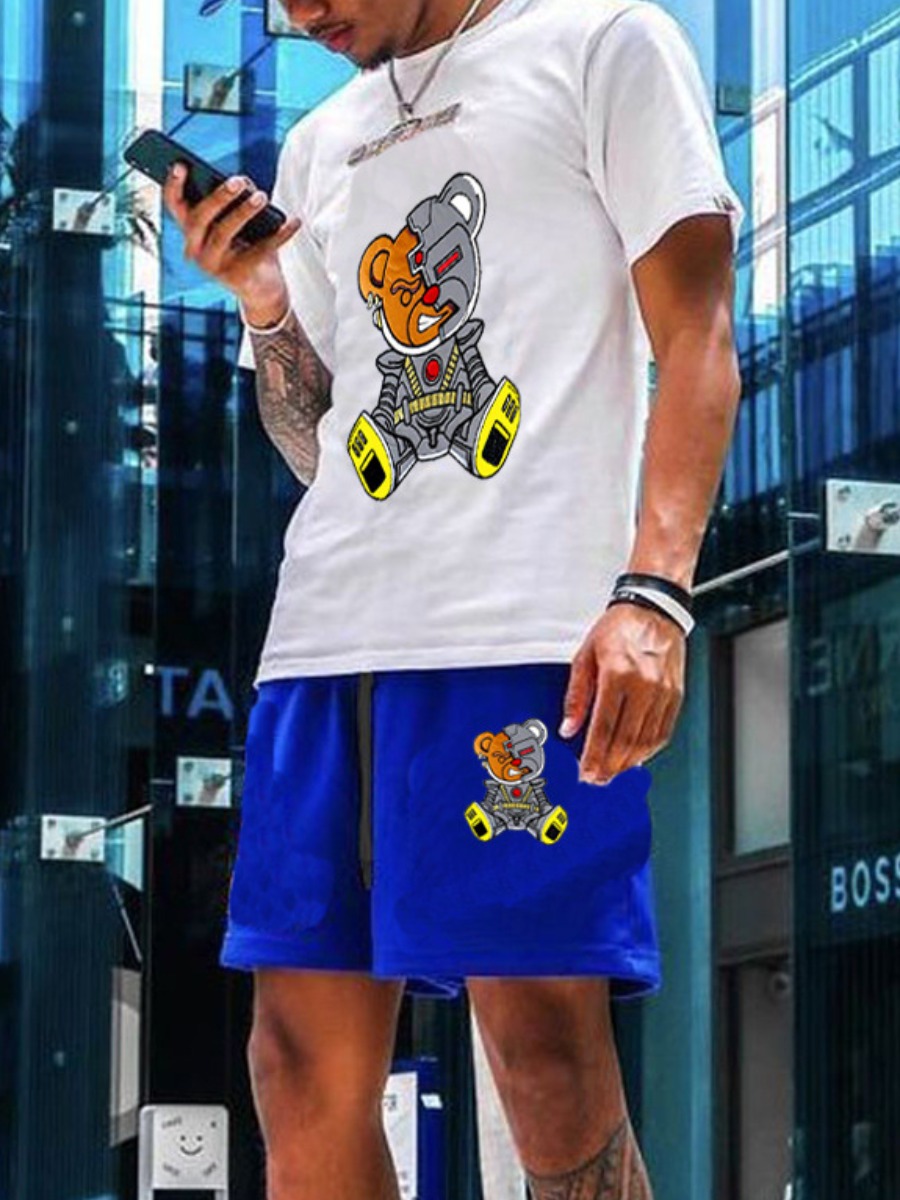 LW Men Cartoon Print Drawstring Shorts Set