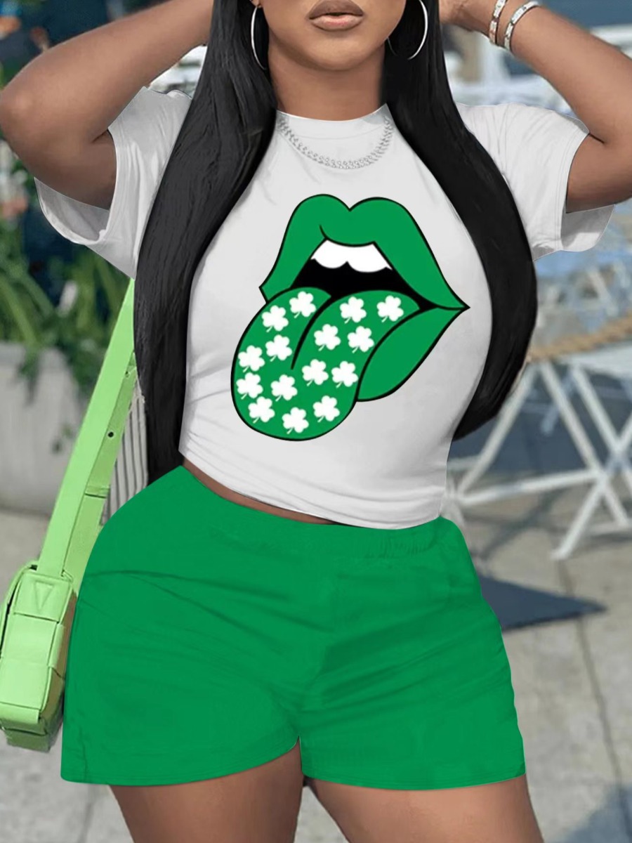 LovelyWholesale Plus Size Floral Lip Print Shorts Set Summer Short Sleeve Casual Pattern Round Neck  5X Spring Summer 2024