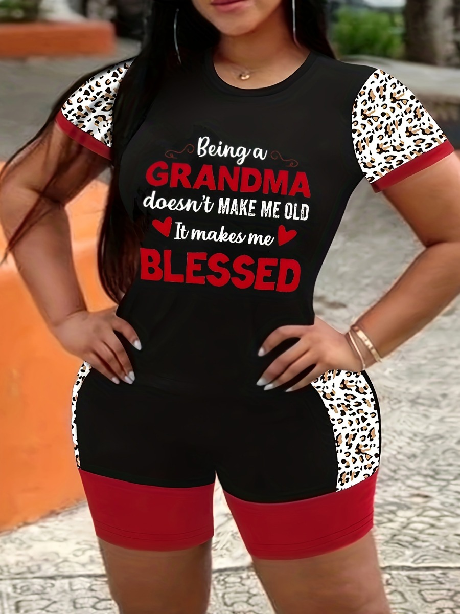 LovelyWholesale Plus Size Leopard Letter Print Shorts Set Summer Short Sleeve Casual Patchwork Round Neck  5X Spring Summer 2024