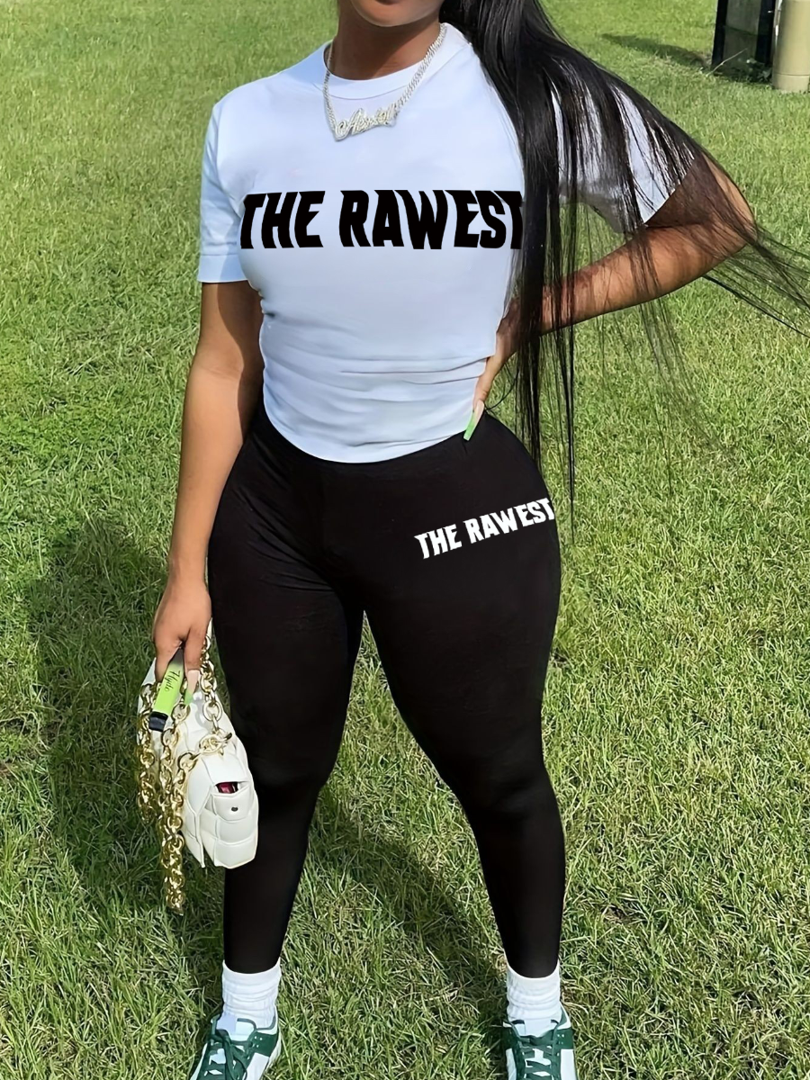 LovelyWholesale Letter Print Skinny Pants Set Spring Short Sleeve Casual None Round Neck Spring Summer 2024