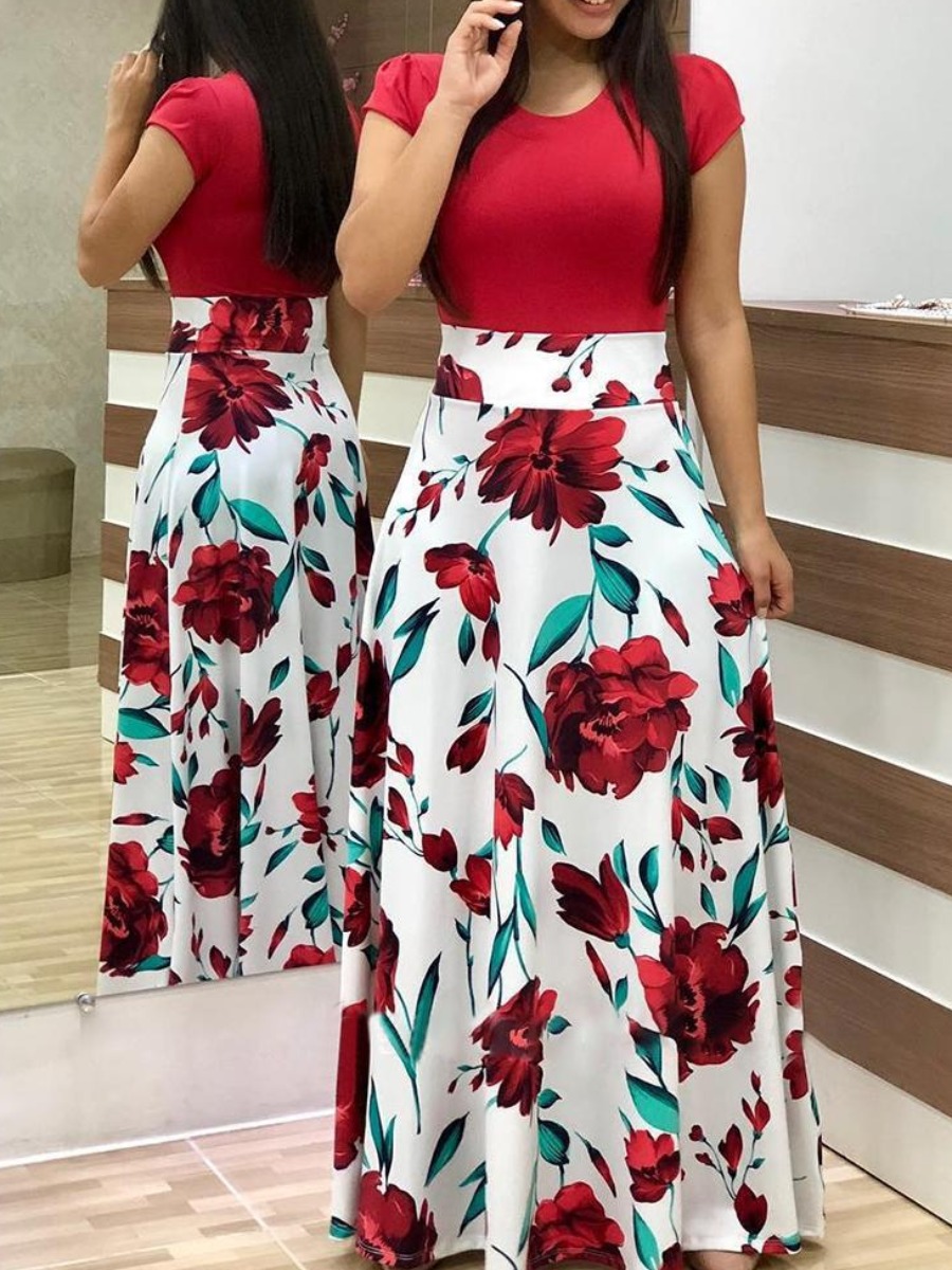 LovelyWholesale Plus Size Floral Print A Line Dress Summer Short Sleeve Vacation None Round Neck  5X Spring Summer 2024